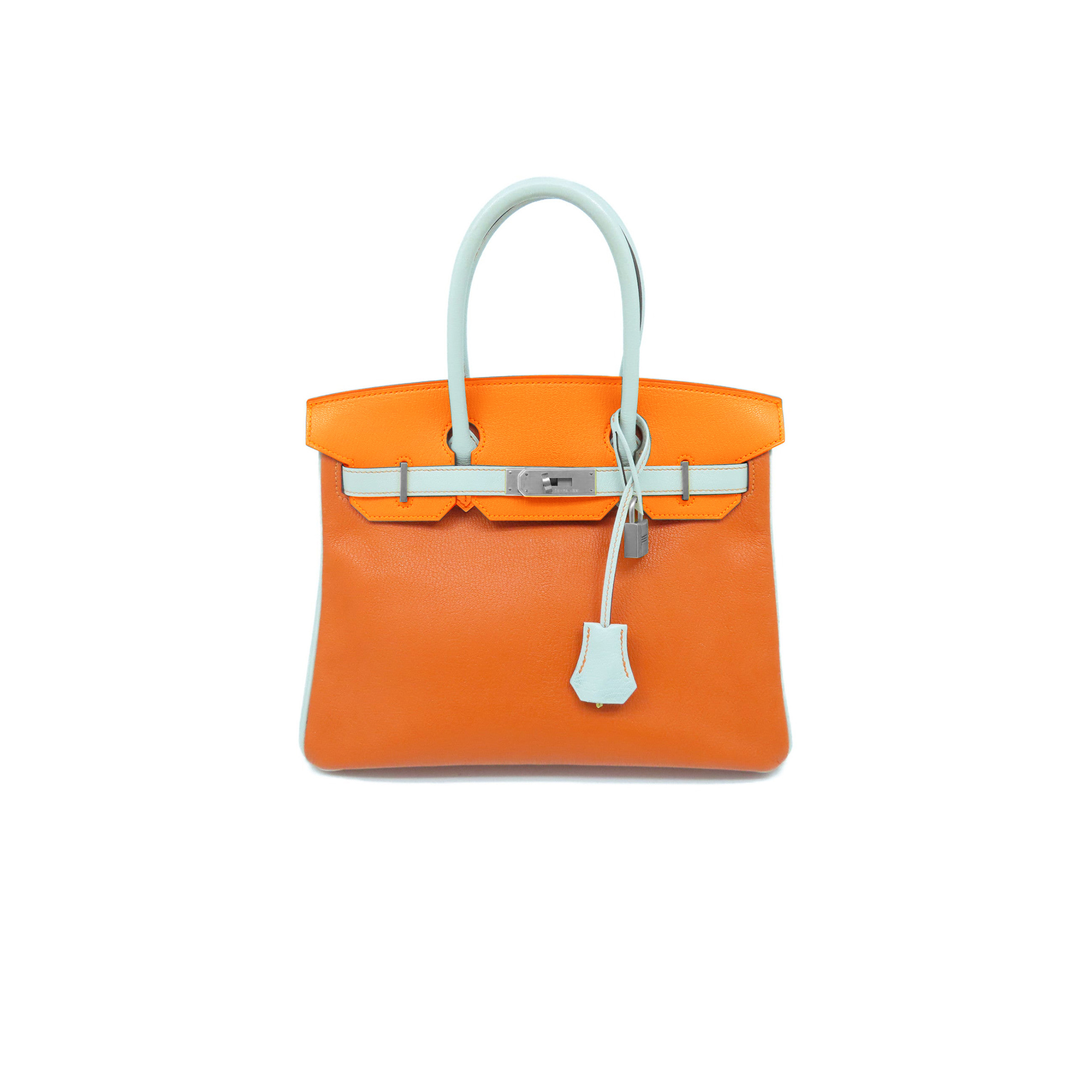 HERMES MASTER BIRKIN 30 EPSON LEATHER GOLDEN BROWN MACARON BLUE SILVER BUCKLE HANDBAG 2160500417673 (30*23*15cm)